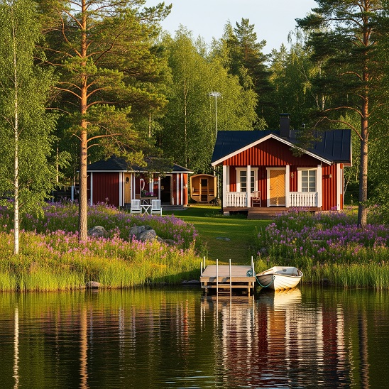 Punainen hirsimökki ja piharakennuksia keskellä kesäistä luontoa järveltä päin kuvattuina. Etualalla on pieni laituri ja soutuvene, ja ympärillä kasvaa runsaasti vihreitä puita ja kukkivia horsmia. Kuva on tuotettu tekoälyllä.