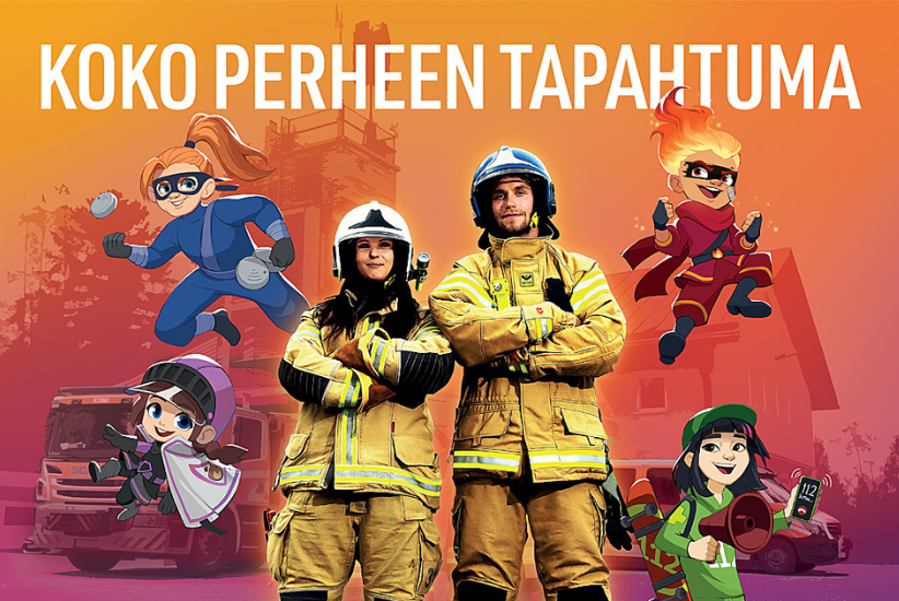 Teksti: Koko perheen tapahtuma, piiroshahmoja ja kaksi sammutusasuista pelastajaa.