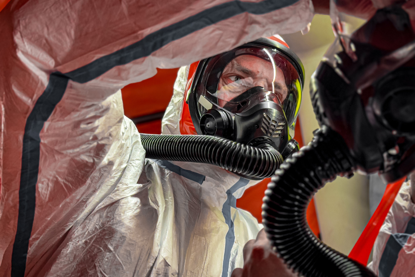 Kaksi pelastajaa pukee suojavarusteita.