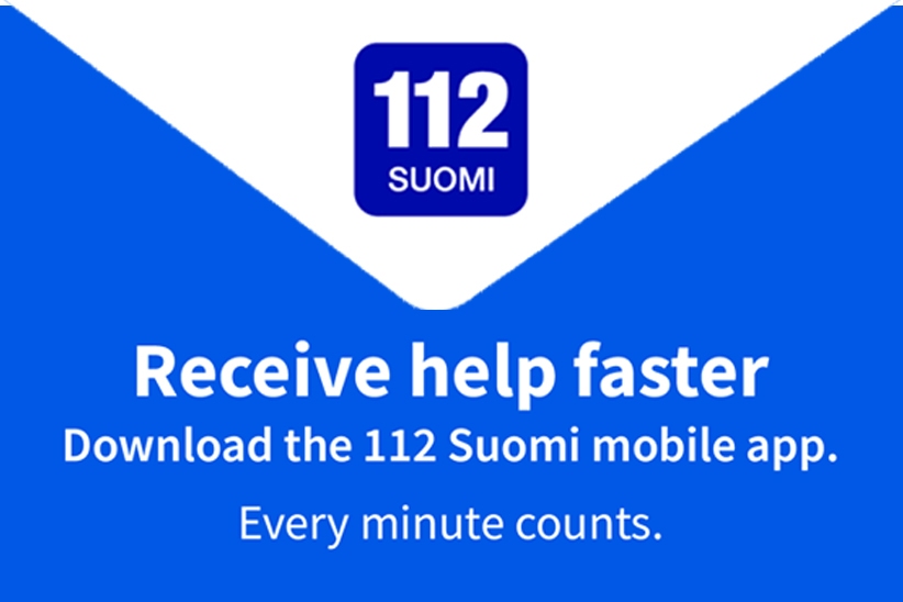 112 Suomi mobile application. Text: Receive help faster. Download the 112 Suomi mobile app. Every minute counts.