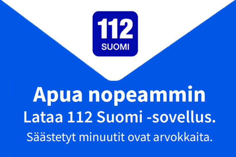 112 Suomi-sovelluksen tunnuskuva. Teksti: Apua nopeammin. Lataa 112 Suomi-sovellus. Säästetyt minuutit ovat arvokkaita.