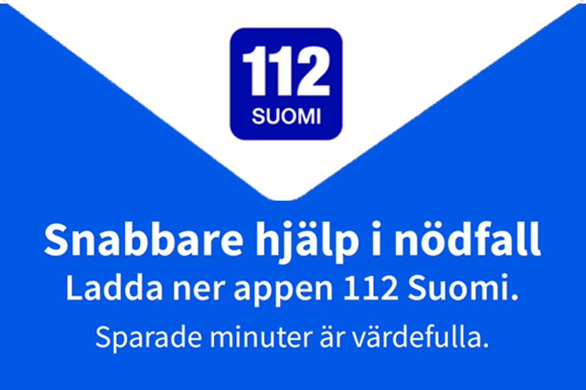 112 Suomi appen. Text: Snabbare hjälp i nödfall. Ladda ner appen 112 Suomi. Sparade minuter är värdefulla.