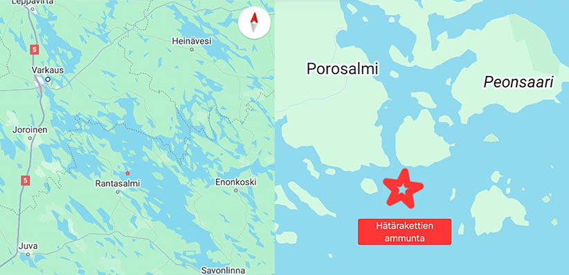 Kartta, jossa vasemmalla näkyy Rantasalmen sijoittuminen Saimaan rannalla Savonlinnasta luoteeseen ja Enonkosken länsipuolella. Oikealla olevassa kartassa on merkattu tähdellä rakettien ammuntapaikka Linnoniemen edustalla.