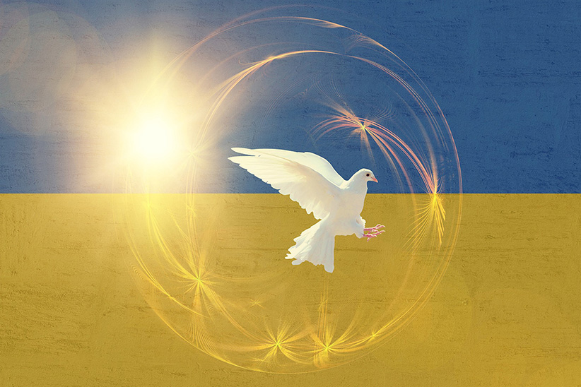 Kuvituskuva: Ukrainan lippu ja rauhankyyhky