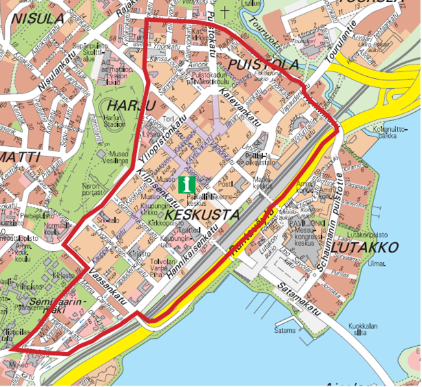 Karttakuva Jyväskylän ydinkeskusta-alueesta, jossa punaisella merkitty kieltoalue.