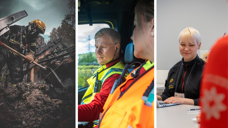 Kolme kuvaa: pelastaja raivaamassa palopaikkaa, kaksi ensihoitajaa ambulanssissa ja palotarkastaja pöydän ääressä
