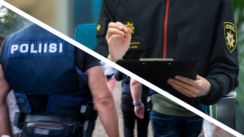 Poliisi tunnisteliivi päällä kulkee ihmisjoukossa. Palotarkastaja täyttää lomaketta.