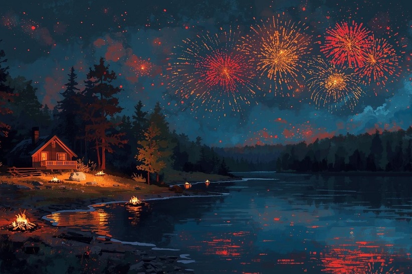 Monivärisiä ilotulitteita tummalla taivaalla.