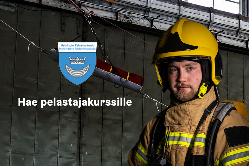 A firefighter and the logo of the school