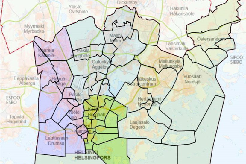 Kuvassa on Helsingin kartta, joka on jaettu pohjoiseen, itäiseen, eteläiseen ja läntiseen osaan. Pohjoiseen kuuluu mm. Oulunkylä, Pakila ja Malmi. Itään kuuluu mm. Itäkeskus, Mellunkylä, Östersundom, Vuosaari, Herttoniemi ja Laajasalo. Etelään kuuluu mm. Kallio. Länteen kuuluu mm. Kaarela, Haaga, Töölö ja Lauttasaari. Pasilasta sekä Kampista osa kuuluu etelään ja osa länteen.