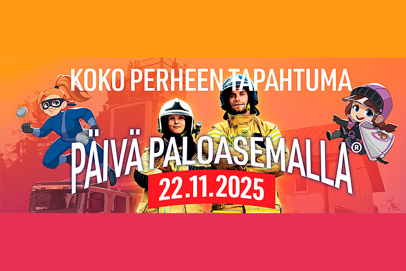 Koko perheen tapahtuma Päivä Paloasemalla 22.11.2025 mainoskuva. Kaksi piirroshahmoa sekä mies ja nainen palomiehen varusteissa. Taustalla paloasema ja paloauto.