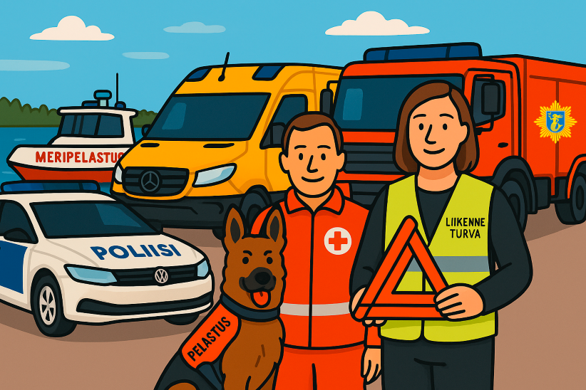 Piirroskuvassa hälytysajoneuvoja, koira ja pelastushenkilöstöä.