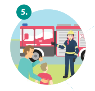 Piirroksessa paloauto ja palomies seisoo auton vieressä. Etualalla mies ja lapsi.
