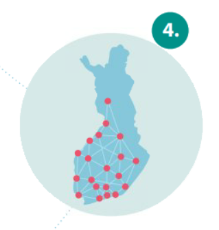 In the drawing, a map of Finland marked with a red circle of the largest cities.