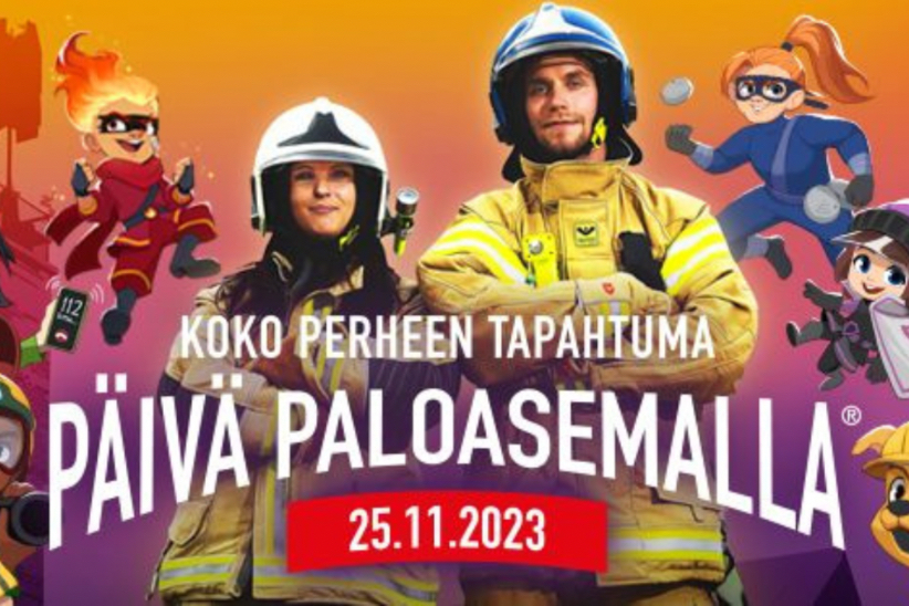Päivä Paloasemalla 25.11.2023 -mainoskuva, jossa kaksi pelastusalan henkilöä sekä piirroshahmoja.