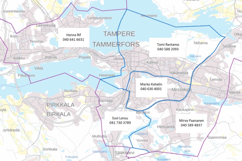 Karttakuva Tampereen alueesta, joissa alueittain nimetyt palotarkastajat.