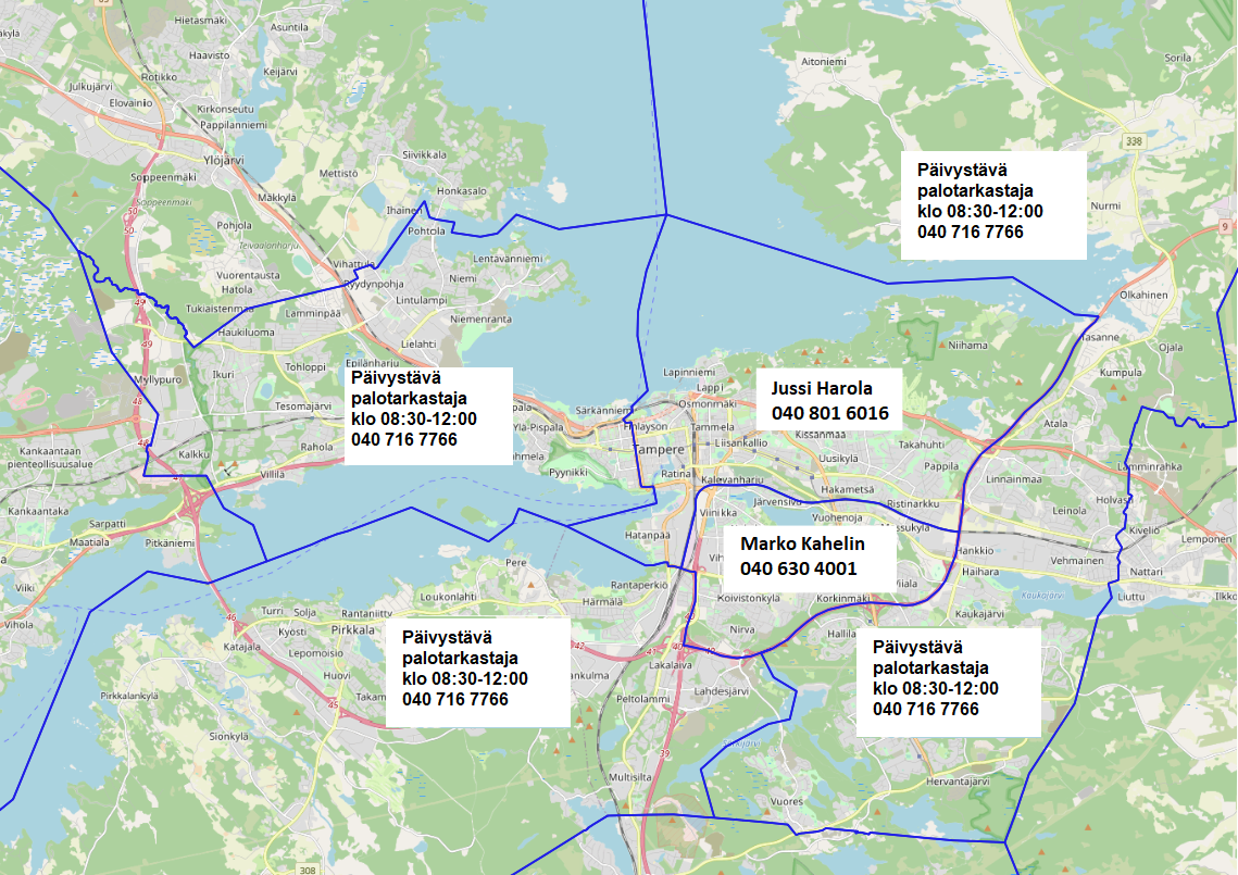 Tampereen karttapohjaa, johon merkattu palotarkastajien alueita yhteystietoineen.