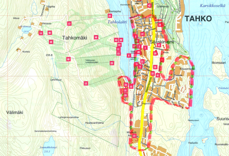 Karttakuva, jossa ampumakieltoalue rajautuu lähes koko Tahkon keskustan alueelle.