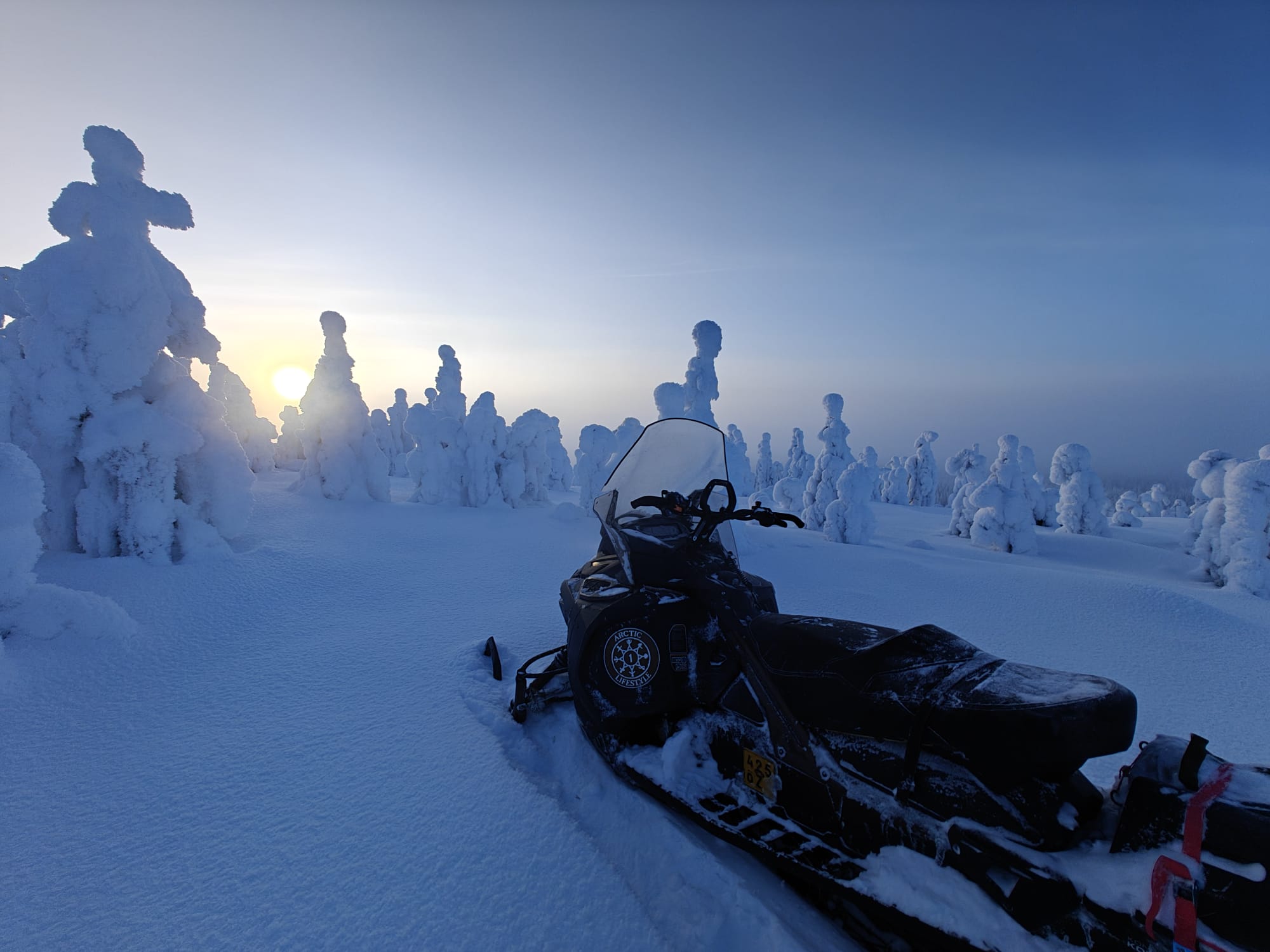 Moottorikelkka lumisessa maisemassa.