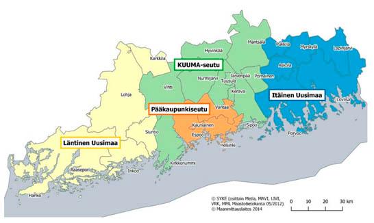Uudenmaan karttakuva, jossa rajattuna Länsi- ja Itä-Uusimaa sekä Pääkaupunkiseutu ja KUUMA-kuntien seutu. 