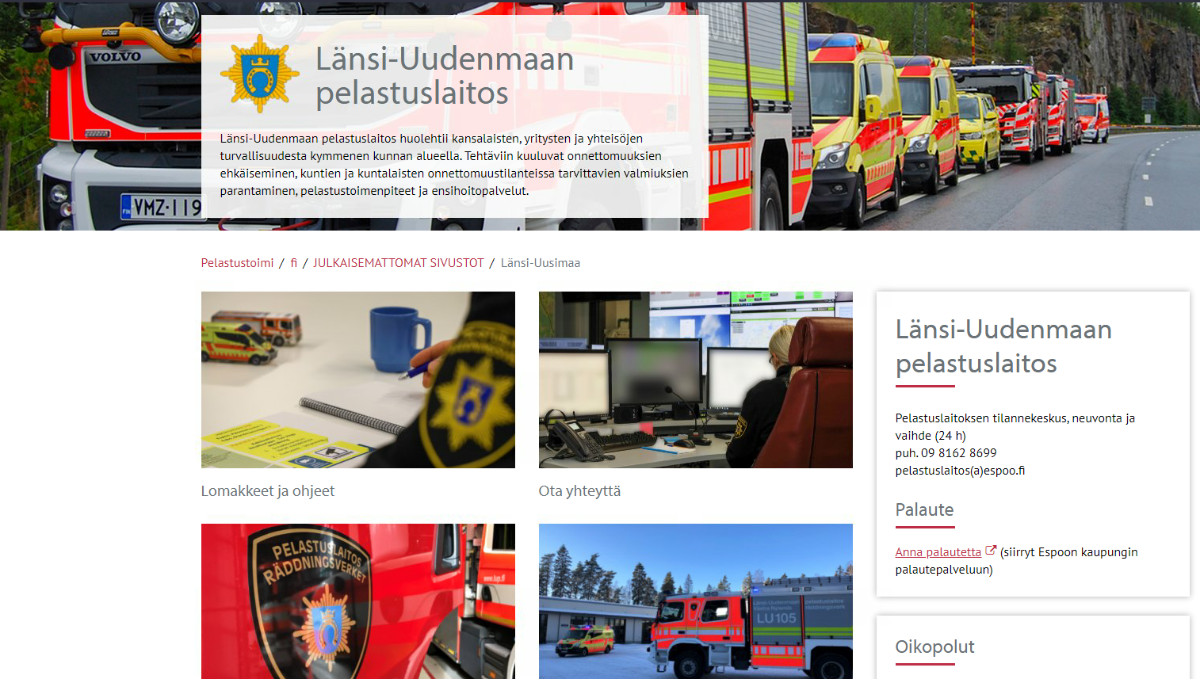 Västra Nylands räddningsverks webbplatssens första sidan.