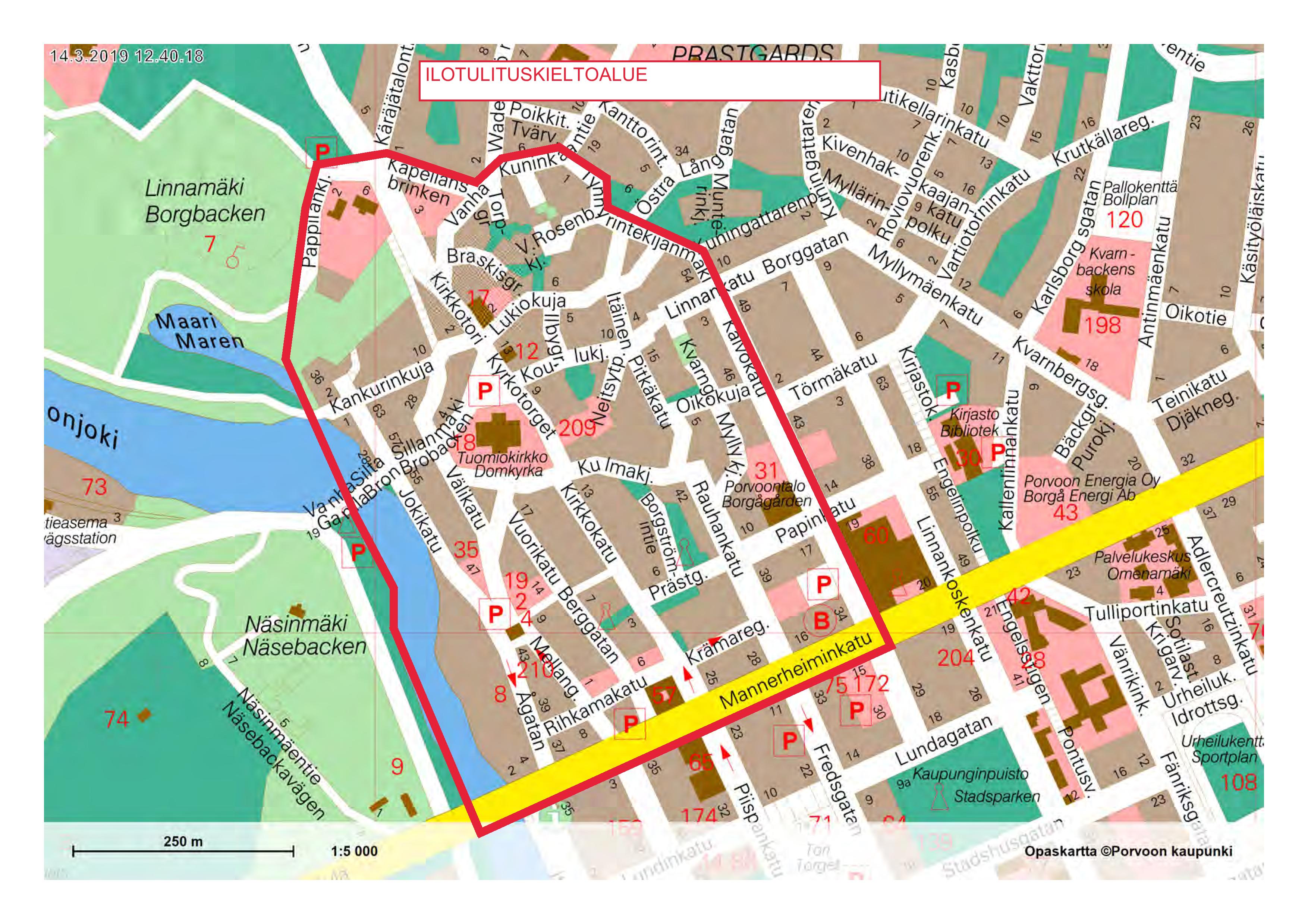 Kartbild över fyrverkeriförbudet i Gamla stan i Borgå.