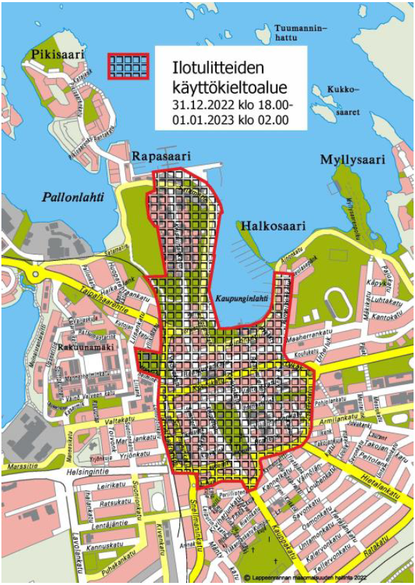 Kartta ilotulitteiden käyttökieltoalueesta Lappeenrannan keskustan alueella