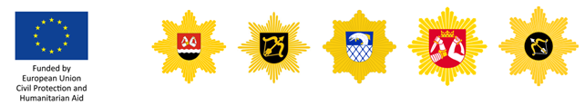 EU:n lippu sekä Etelä-Karjalan, Etelä-Savon, Kymenlaakson, Pohjois-Karjalan ja Pohjois-Savon pelastuslaitosten logot