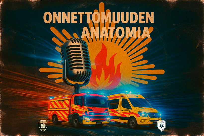 Piirroskuva, jossa paloauto ja ambulanssi ajavat kovaa. Taustalla on podcast-mikrofoni ja pelastustoimen viranomaistunnus muokattuna.
